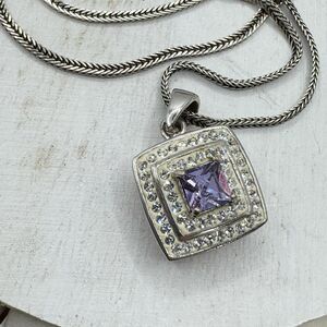 Sterling Silver Sparkling Pave Square Pendant Necklace  Amethyst Glass Center